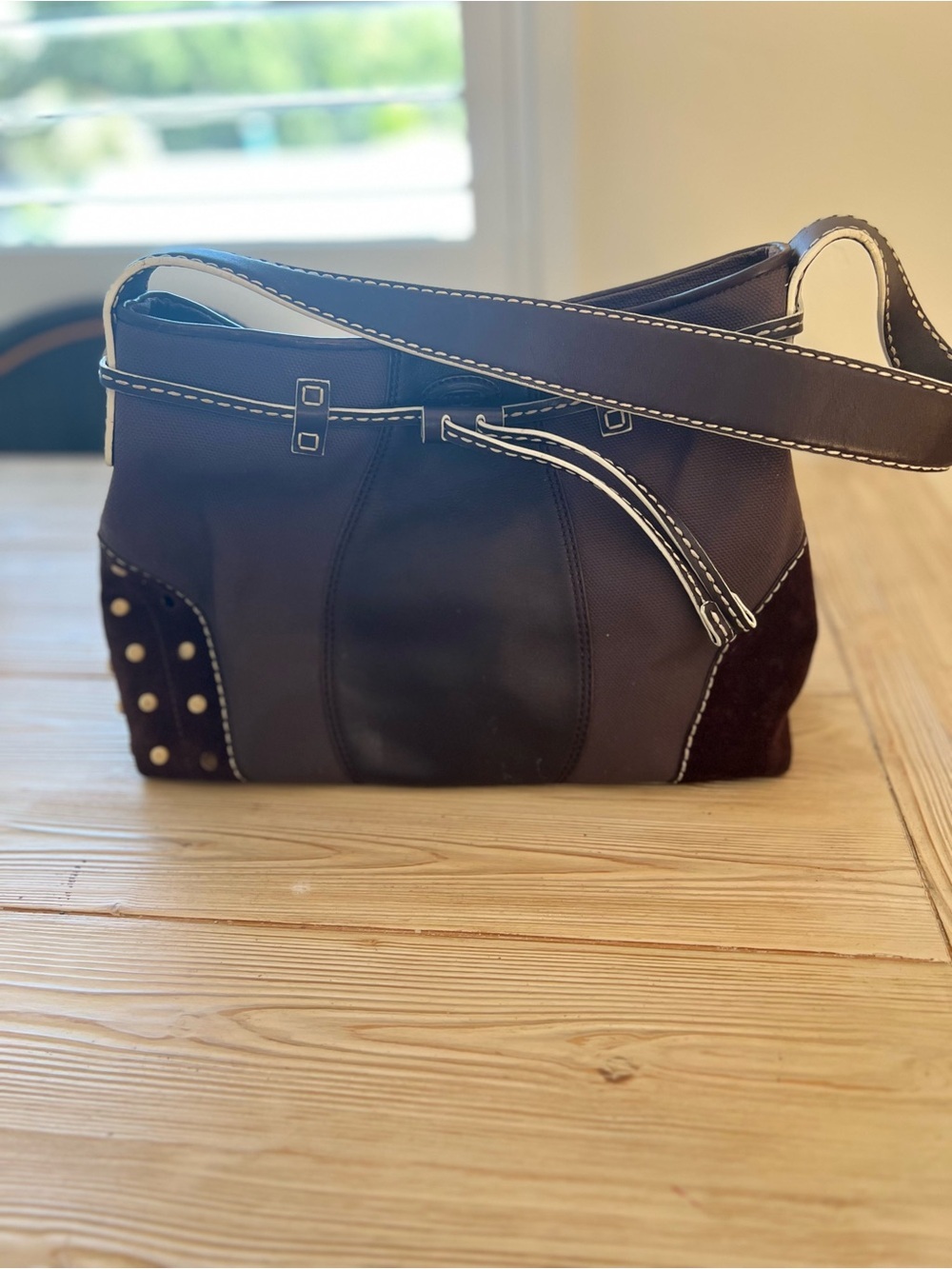 Tod’s Brown Leather & Suede Shoulder Bag Contrast Stitching Italy